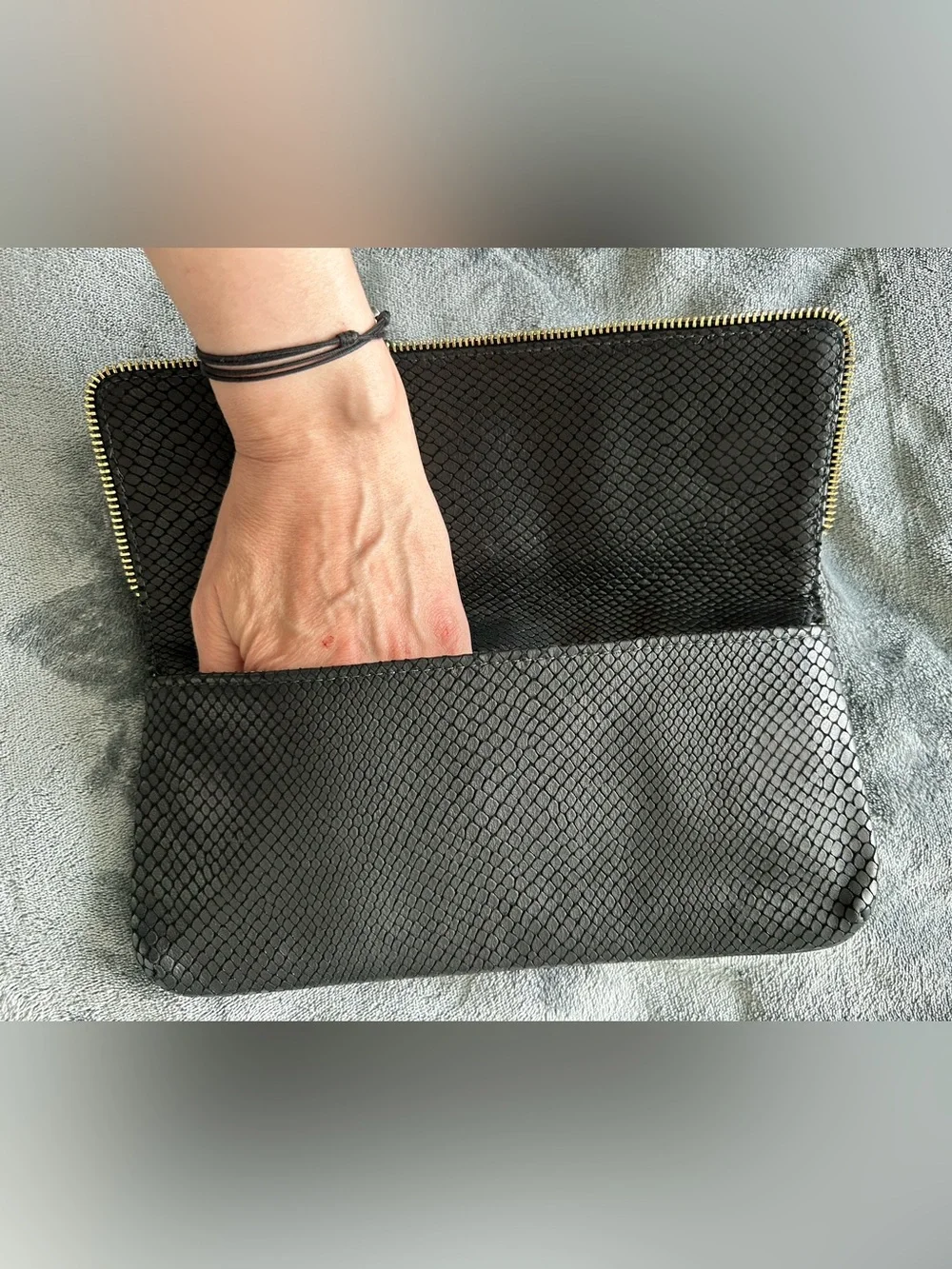 Lauren Merkin Black Snake Embossed Leather Foldover Clutch Gold Zip